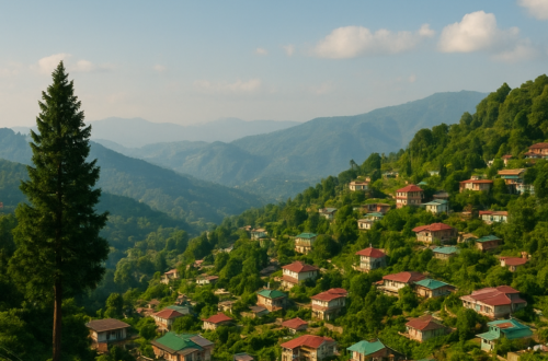 Hidden hill station in India with colorful houses and green hills.